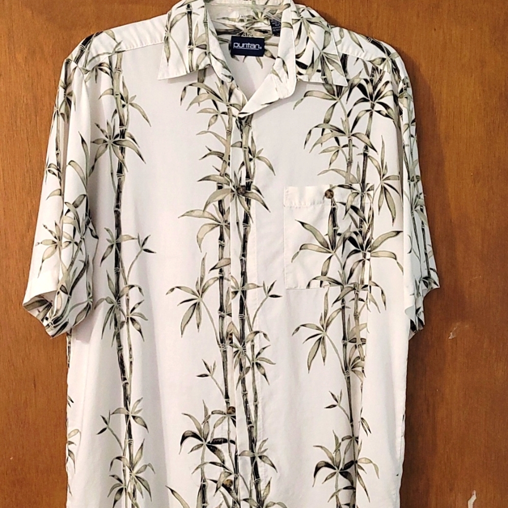 Puritan men's cream and green tropical short sleeve shirt Small